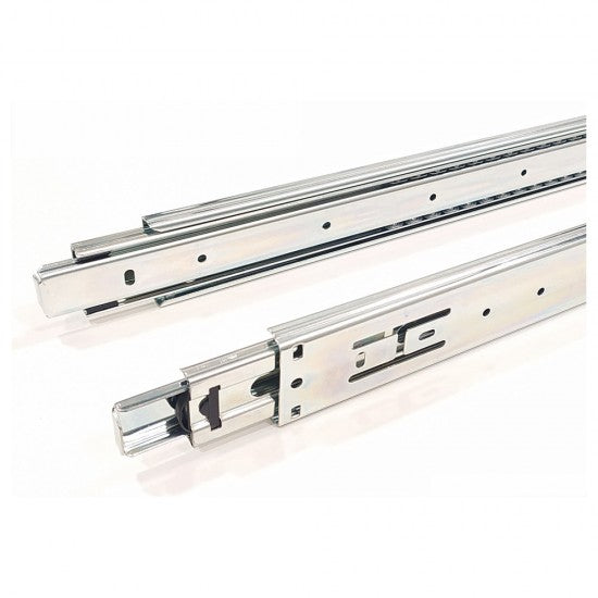 Two metal drawer slides on a white background