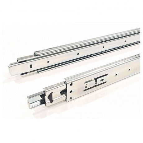 Two metal drawer slides on a white background