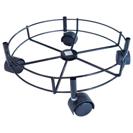 Black metal plant stand with multiple hooks on a white background