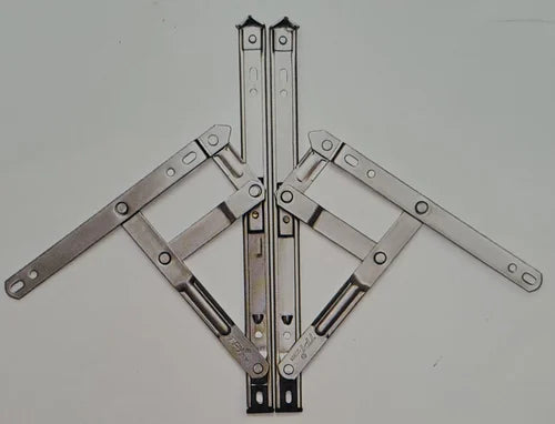 Metal window hinge on a white background