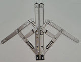 Metal window hinge on a white background