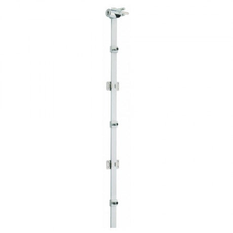 Chrome shower bar with multiple hooks on a white background