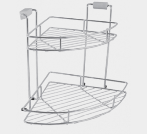 Metal corner shower caddy with two shelves on a light gray background