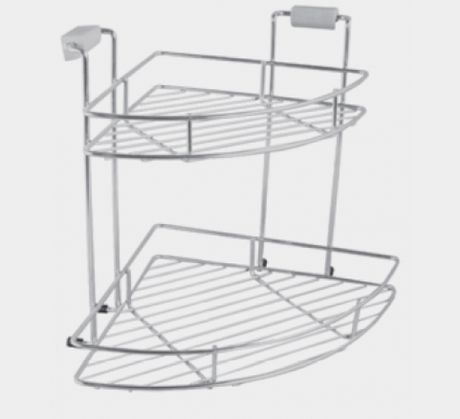 Metal corner shower caddy with two shelves on a light gray background