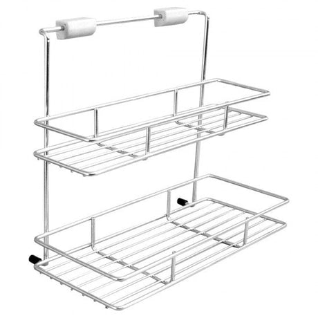 Metal wall-mounted caddy with two shelves on a white background