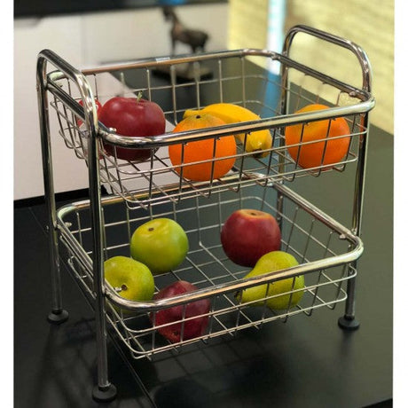 Metal fruit basket with apples and oranges on a black surface