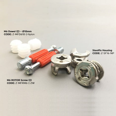 Mechanical components including a rotor screw, dowel, and steelfix housing on a white background.