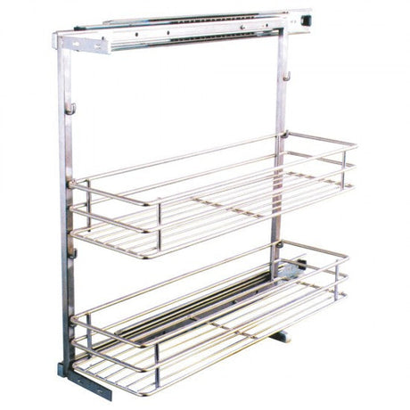 Kitchen cabinet with pull-out wine rack and storage compartments.