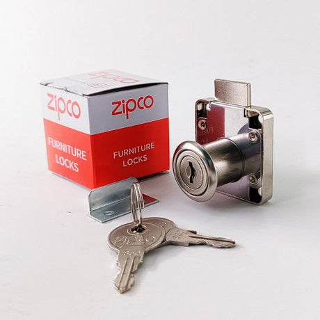 Zipco furniture lock with keys and packaging on a white background