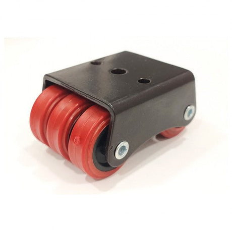 Mechanical component with red rollers and black housing on a white background
