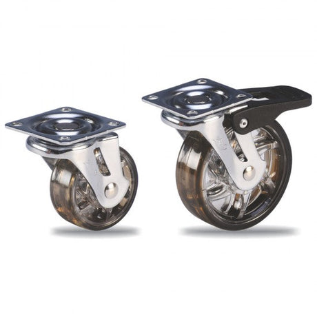 Two metal castors on a white background
