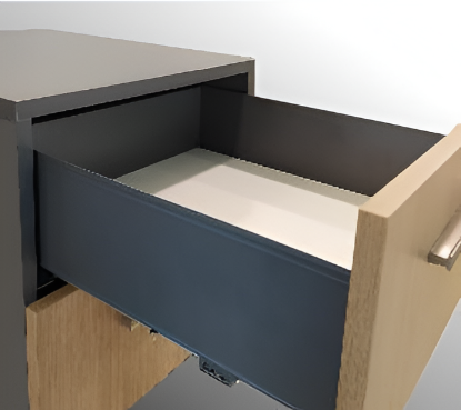 Open drawer of a piece of furniture with a light wood finish and dark gray interior.