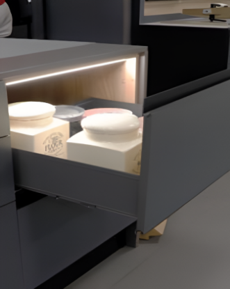 Open drawer with illuminated interior displaying jewelry boxes, with a focus on a brand logo.