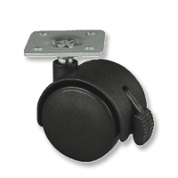 Black caster wheel with metal plate on a white background