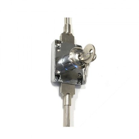 Metal lock mechanism with key on a white background