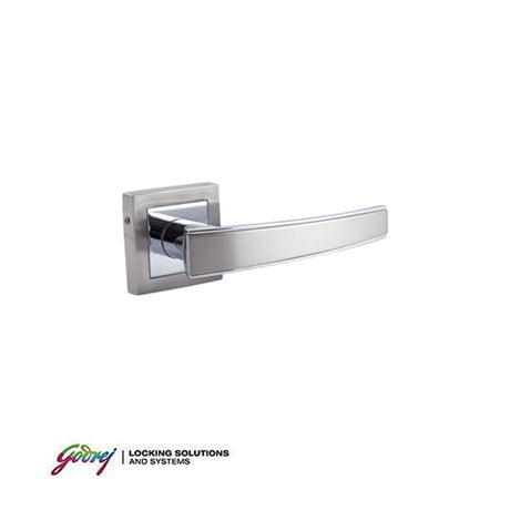 Chrome door handle on a white background with Godrej logo.