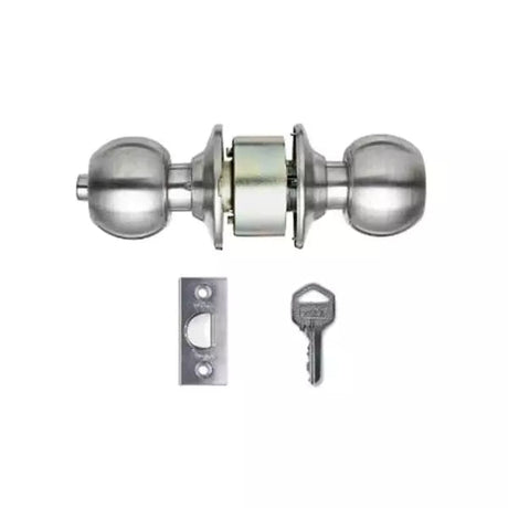 Door lock mechanism with key and bracket on a white background