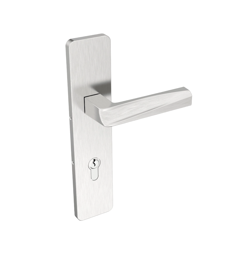 Metal door handle on a white background