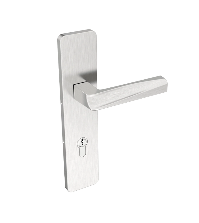 Metal door handle on a white background