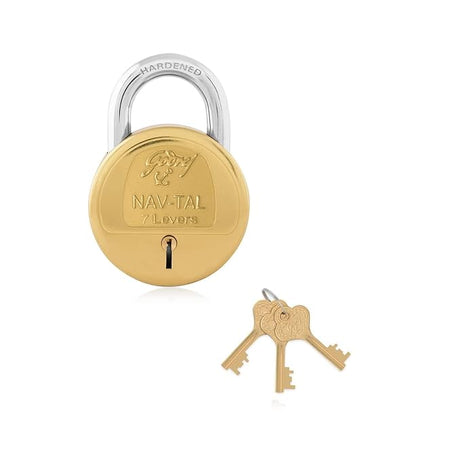 Gold lock with a silver shackle and two keys on a white background