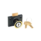 Keyed lock mechanism with two keys on a white background