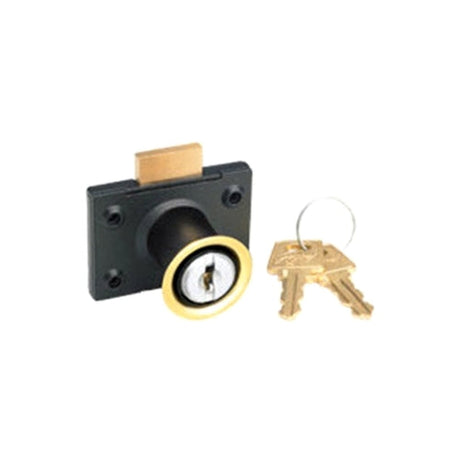 Keyed lock mechanism with two keys on a white background