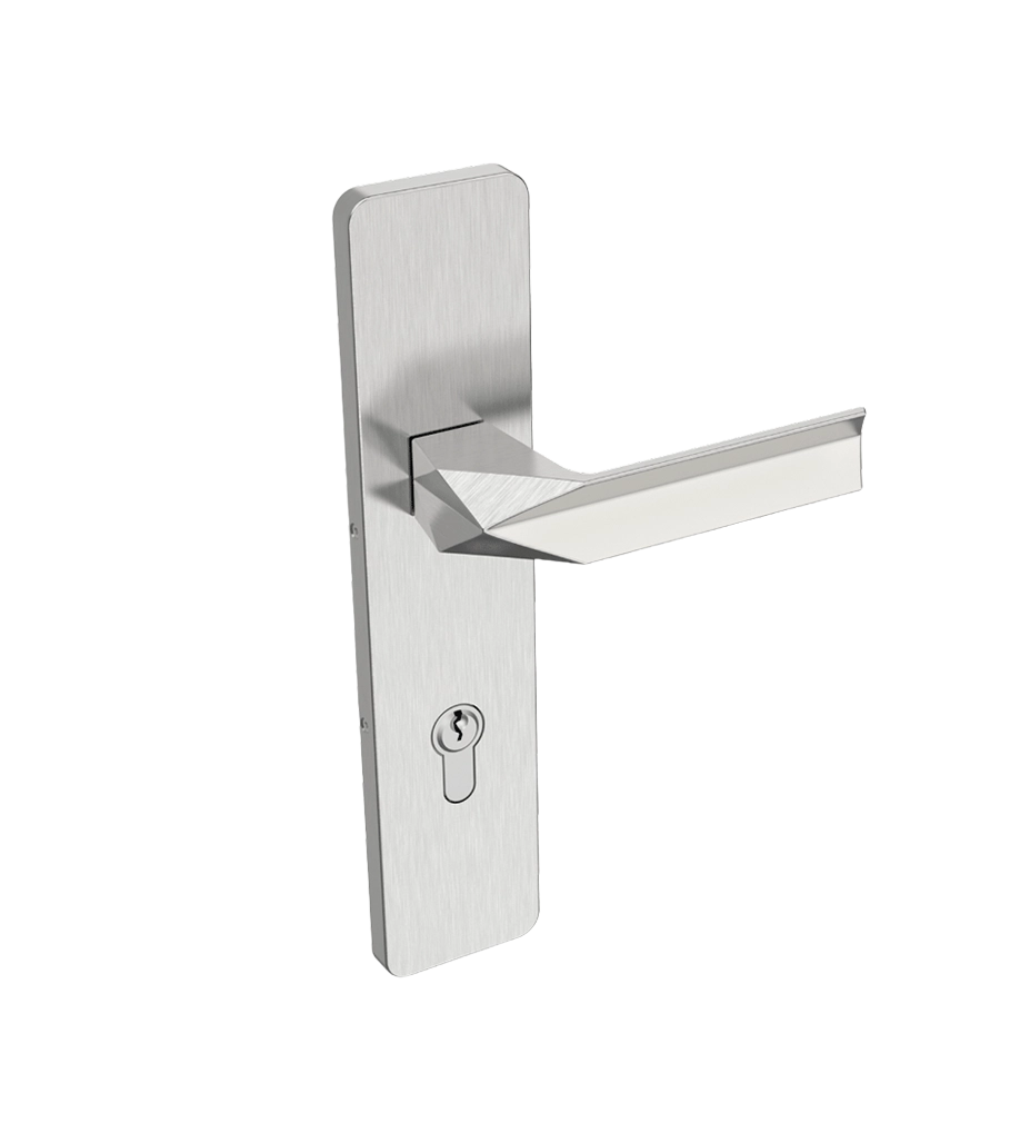 Metal door handle on a white background