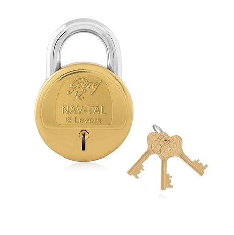 Gold lock with 'Godrej' branding and two keys on a white background