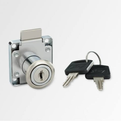 Metal door lock with two keys on a white background